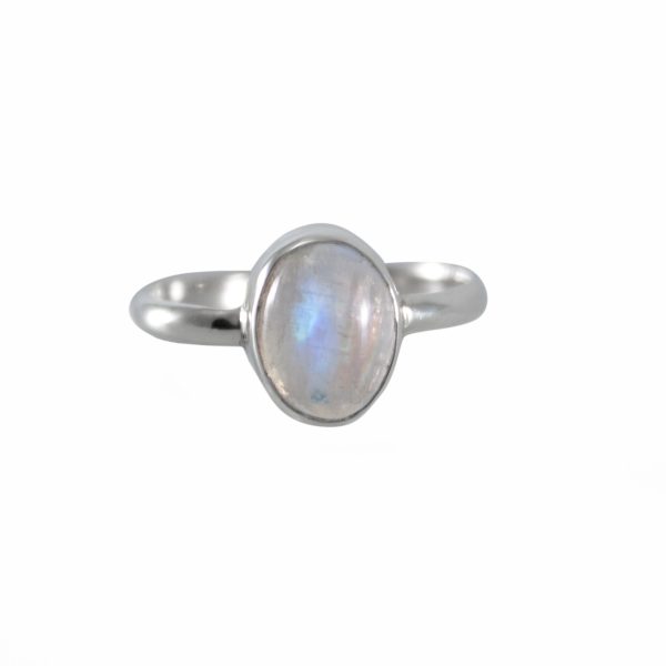Rainbow Moonstone Open Bezel Sterling Silver Ring